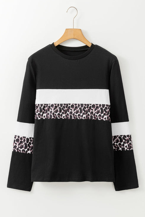 Leopard Pattern Patchwork Crew Neck Long Sleeve Tee