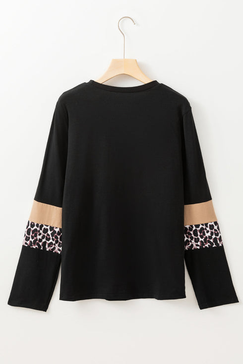 Leopard Pattern Patchwork Crew Neck Long Sleeve Tee