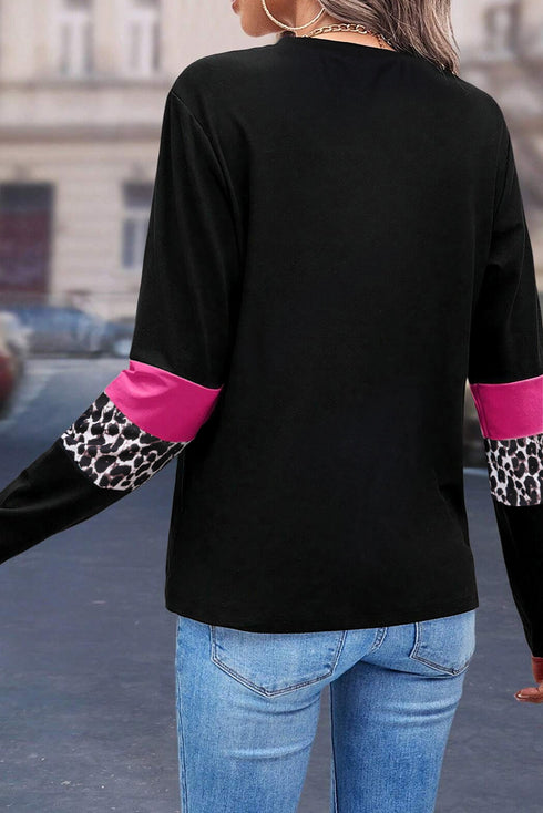 Leopard Pattern Patchwork Crew Neck Long Sleeve Tee