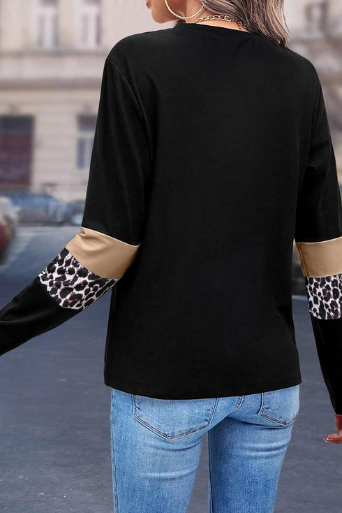 Leopard Pattern Patchwork Crew Neck Long Sleeve Tee