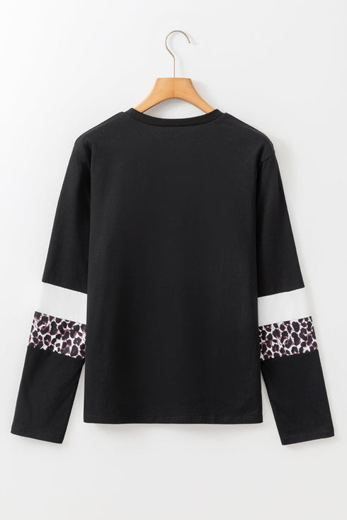 Leopard Pattern Patchwork Crew Neck Long Sleeve Tee