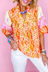 Leopard Pattern Puff Sleeve Split Neck Blouse