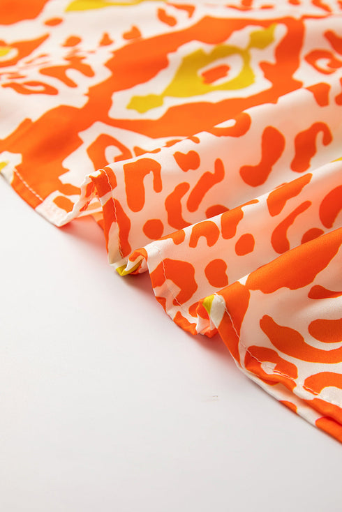 Leopard Pattern Puff Sleeve Split Neck Blouse