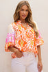 Leopard Pattern Puff Sleeve Split Neck Blouse