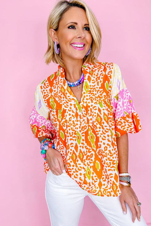 Leopard Pattern Puff Sleeve Split Neck Blouse