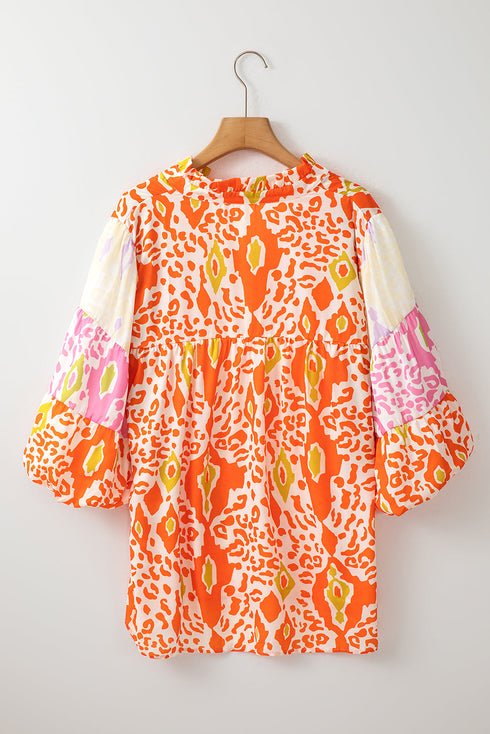 Leopard Pattern Puff Sleeve Split Neck Blouse