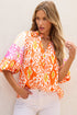 Leopard Pattern Puff Sleeve Split Neck Blouse