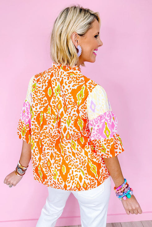 Leopard Pattern Puff Sleeve Split Neck Blouse
