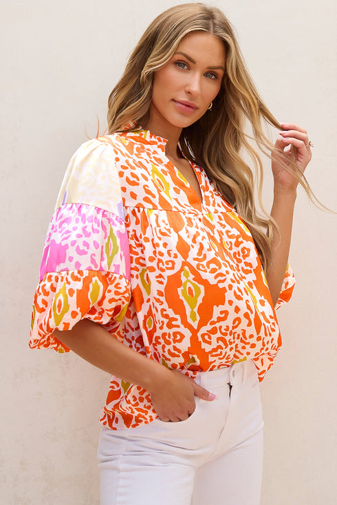 Leopard Pattern Puff Sleeve Split Neck Blouse