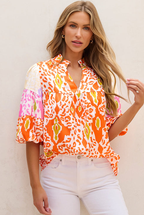 Leopard Pattern Puff Sleeve Split Neck Blouse