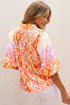 Leopard Pattern Puff Sleeve Split Neck Blouse