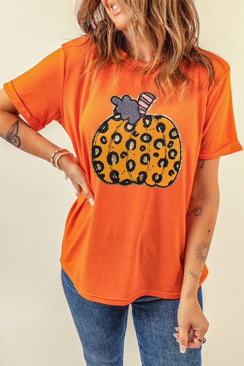 Leopard Pattern Pumpkin Graphic Crew Neck Short Sleeve Tee
