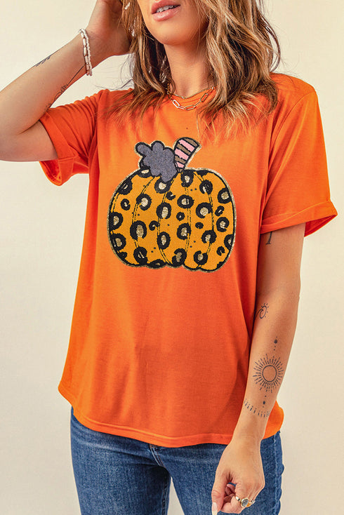 Leopard Pattern Pumpkin Graphic Crew Neck Short Sleeve Tee