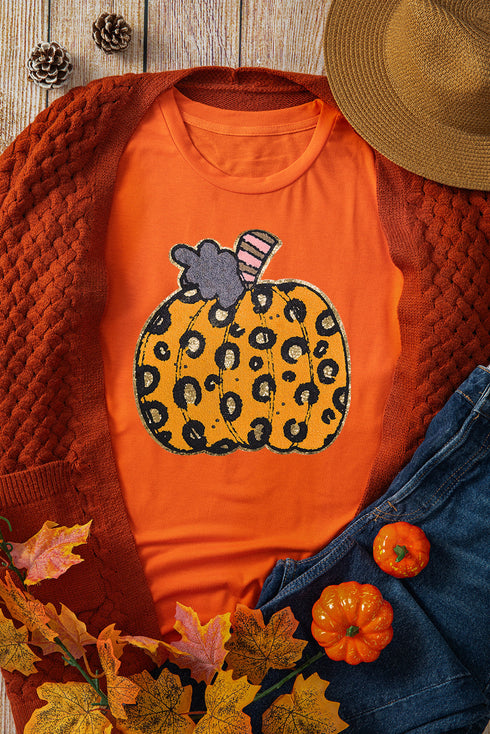 Leopard Pattern Pumpkin Graphic Crew Neck Short Sleeve Tee