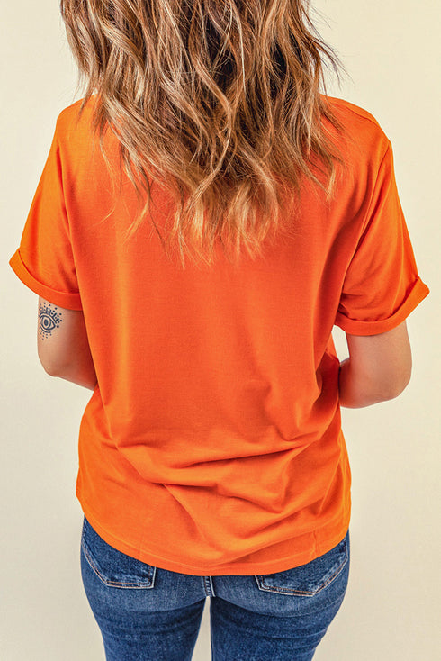 Leopard Pattern Pumpkin Graphic Crew Neck Short Sleeve Tee