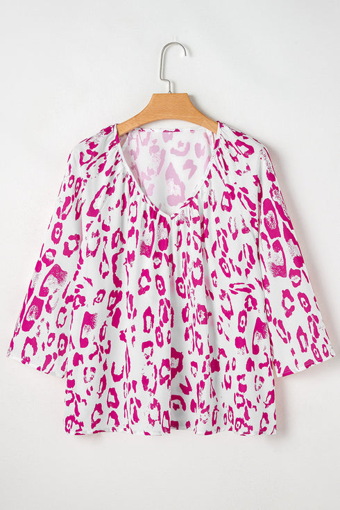 Leopard Pattern Ruched V Neck Three Quarter Sleeve Blouse