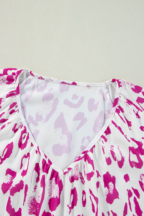 Leopard Pattern Ruched V Neck Three Quarter Sleeve Blouse