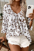 Leopard Pattern Ruched V Neck Three Quarter Sleeve Blouse