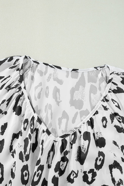 Leopard Pattern Ruched V Neck Three Quarter Sleeve Blouse