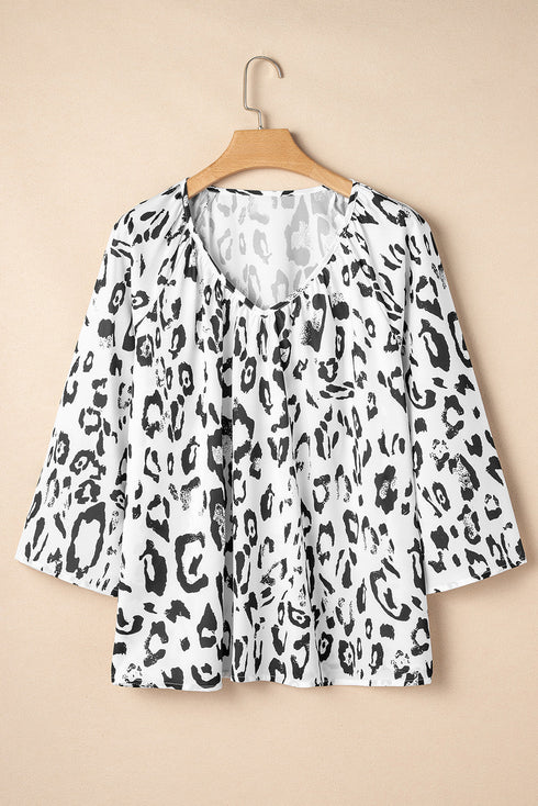 Leopard Pattern Ruched V Neck Three Quarter Sleeve Blouse