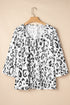 Leopard Pattern Ruched V Neck Three Quarter Sleeve Blouse