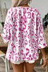 Leopard Pattern Ruched V Neck Three Quarter Sleeve Blouse