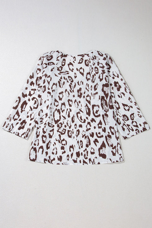 Leopard Pattern Ruched V Neck Three Quarter Sleeve Blouse