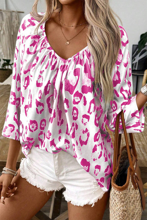 Leopard Pattern Ruched V Neck Three Quarter Sleeve Blouse