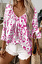 Leopard Pattern Ruched V Neck Three Quarter Sleeve Blouse
