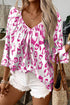 Leopard Pattern Ruched V Neck Three Quarter Sleeve Blouse