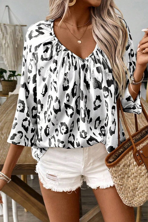 Leopard Pattern Ruched V Neck Three Quarter Sleeve Blouse