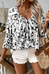 Leopard Pattern Ruched V Neck Three Quarter Sleeve Blouse