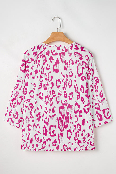 Leopard Pattern Ruched V Neck Three Quarter Sleeve Blouse