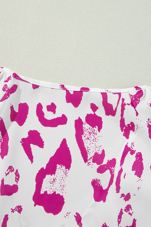Leopard Pattern Ruched V Neck Three Quarter Sleeve Blouse