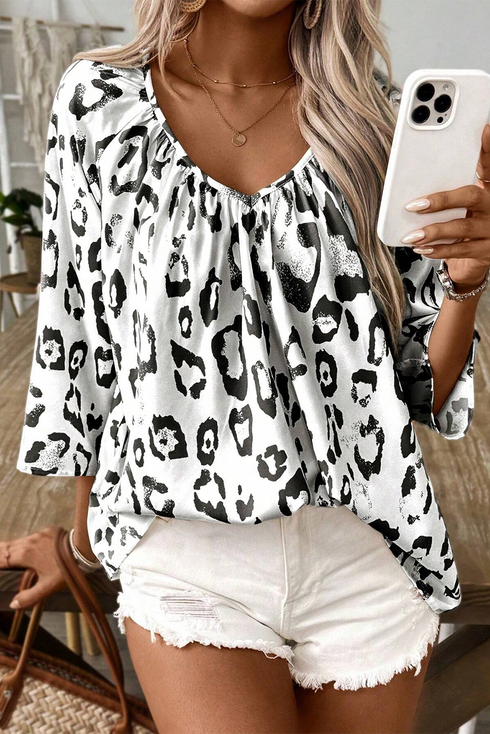 Leopard Pattern Ruched V Neck Three Quarter Sleeve Blouse