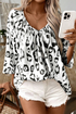 Leopard Pattern Ruched V Neck Three Quarter Sleeve Blouse
