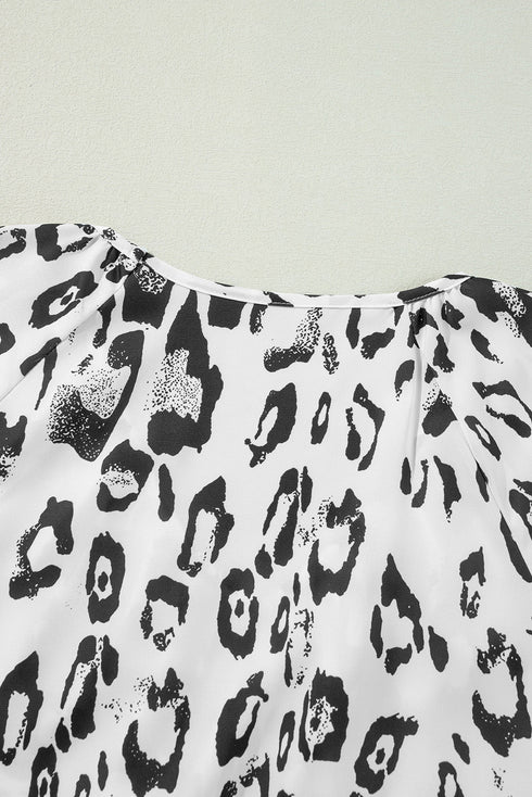 Leopard Pattern Ruched V Neck Three Quarter Sleeve Blouse