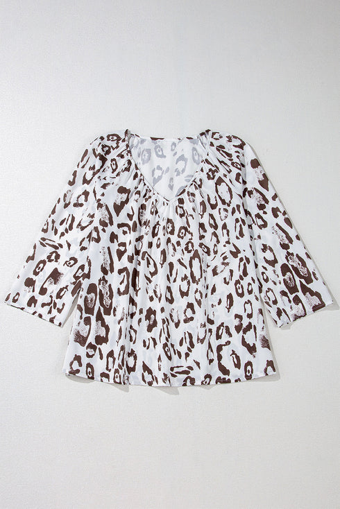 Leopard Pattern Ruched V Neck Three Quarter Sleeve Blouse