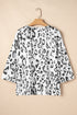 Leopard Pattern Ruched V Neck Three Quarter Sleeve Blouse