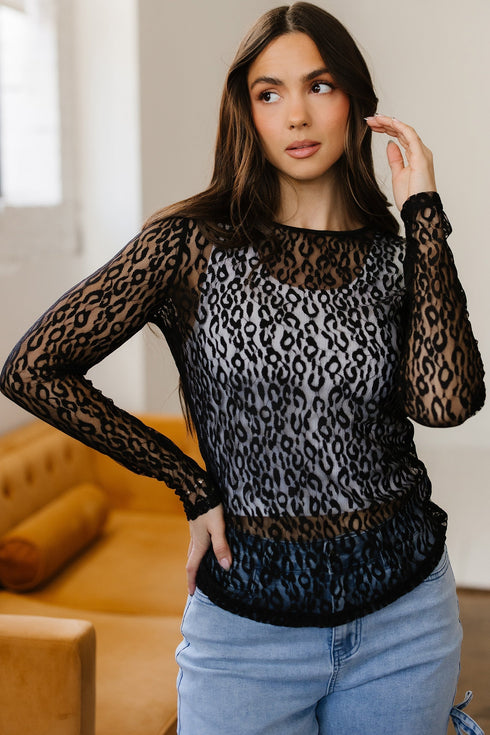Leopard Pattern Sheer Mesh Long Sleeve Top