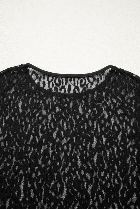 Leopard Pattern Sheer Mesh Long Sleeve Top