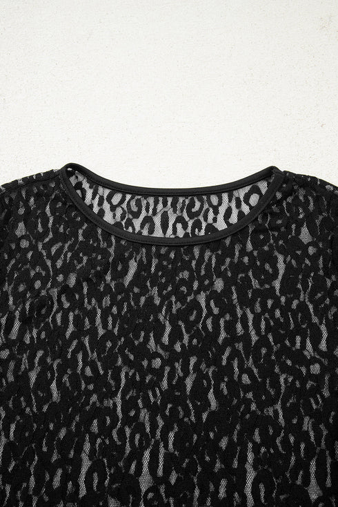 Leopard Pattern Sheer Mesh Long Sleeve Top