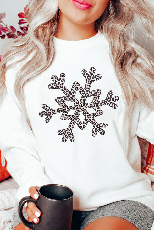 Leopard Pattern Snowflake Graphic Crew Neck Pullover Sweatshirt