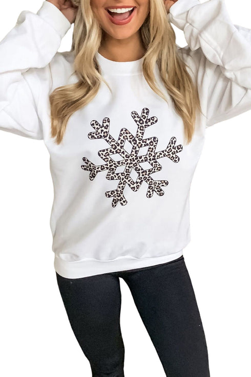 Leopard Pattern Snowflake Graphic Crew Neck Pullover Sweatshirt