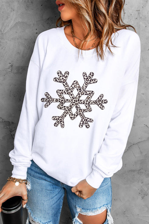 Leopard Pattern Snowflake Graphic Crew Neck Pullover Sweatshirt