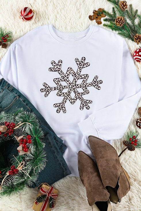 Leopard Pattern Snowflake Graphic Crew Neck Pullover Sweatshirt