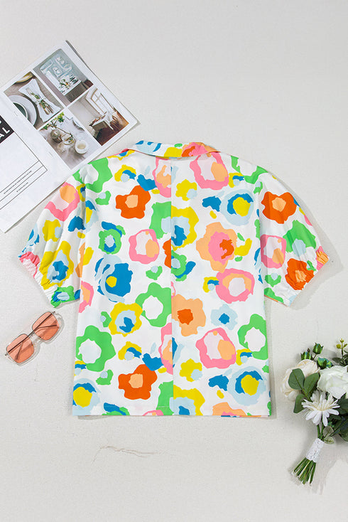 Leopard Pattern Striped Trim Split Neck Short Sleeve Blouse