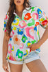 Leopard Pattern Striped Trim Split Neck Short Sleeve Blouse