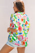 Leopard Pattern Striped Trim Split Neck Short Sleeve Blouse
