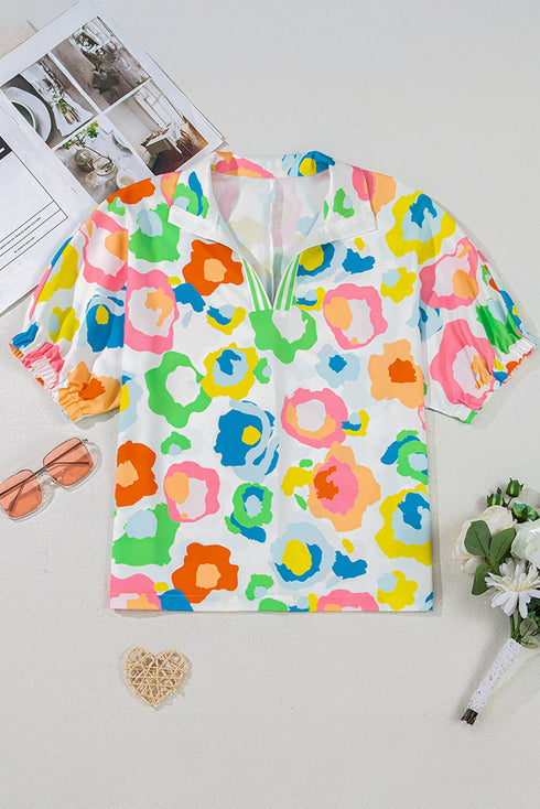 Leopard Pattern Striped Trim Split Neck Short Sleeve Blouse